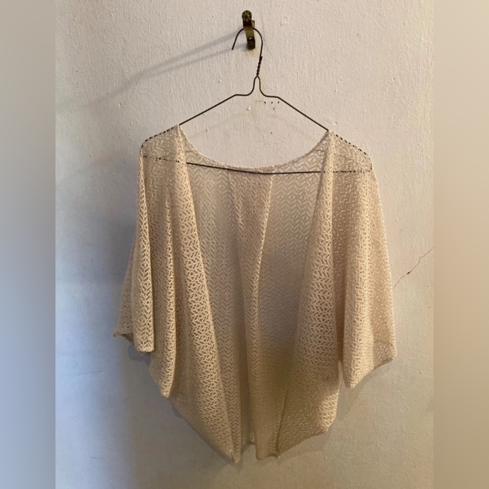 Woman’s Ivory Crochet Shawl Sweater, Vintage, 1970s, Mid-Century Modern